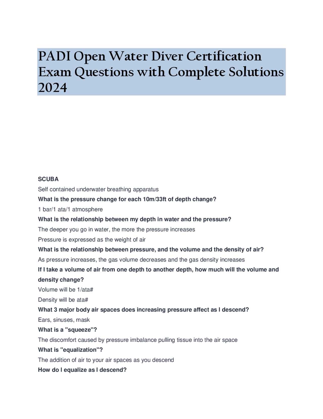 padi open water diver exam answer key