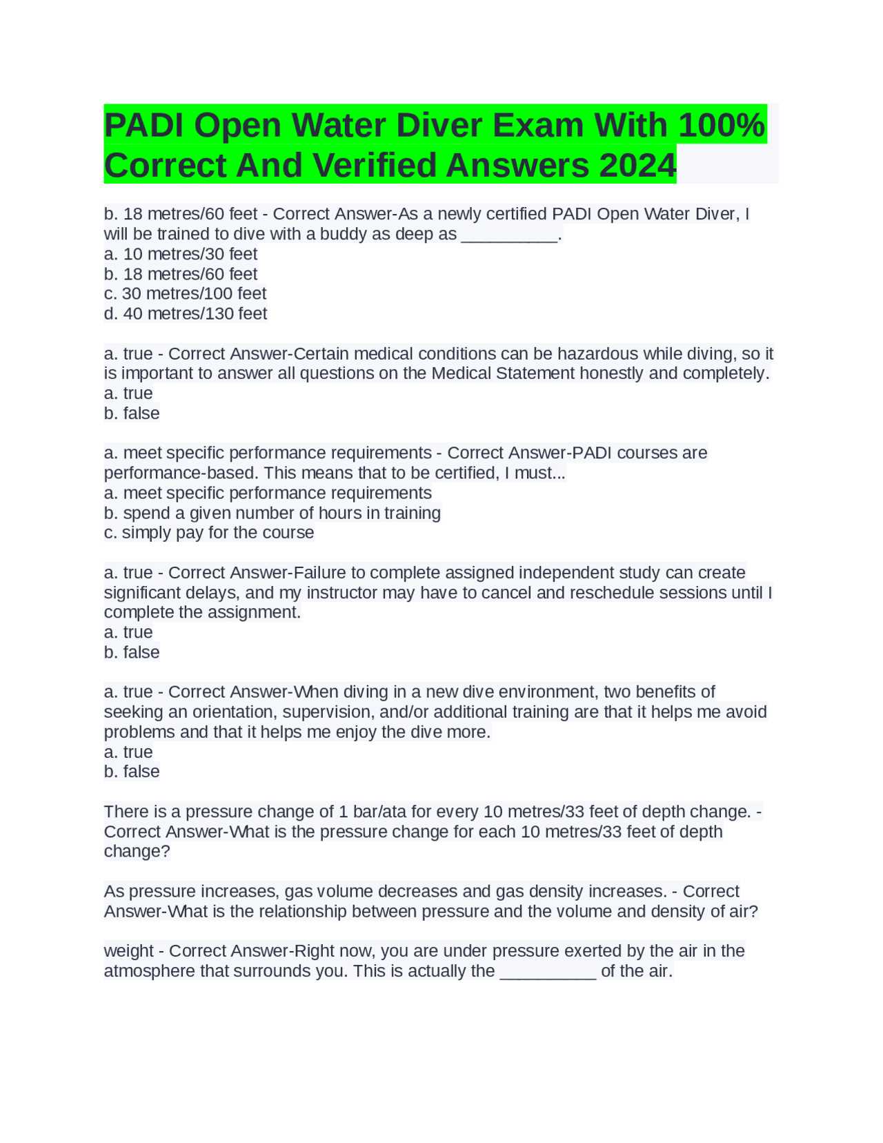 padi open water final exam answers