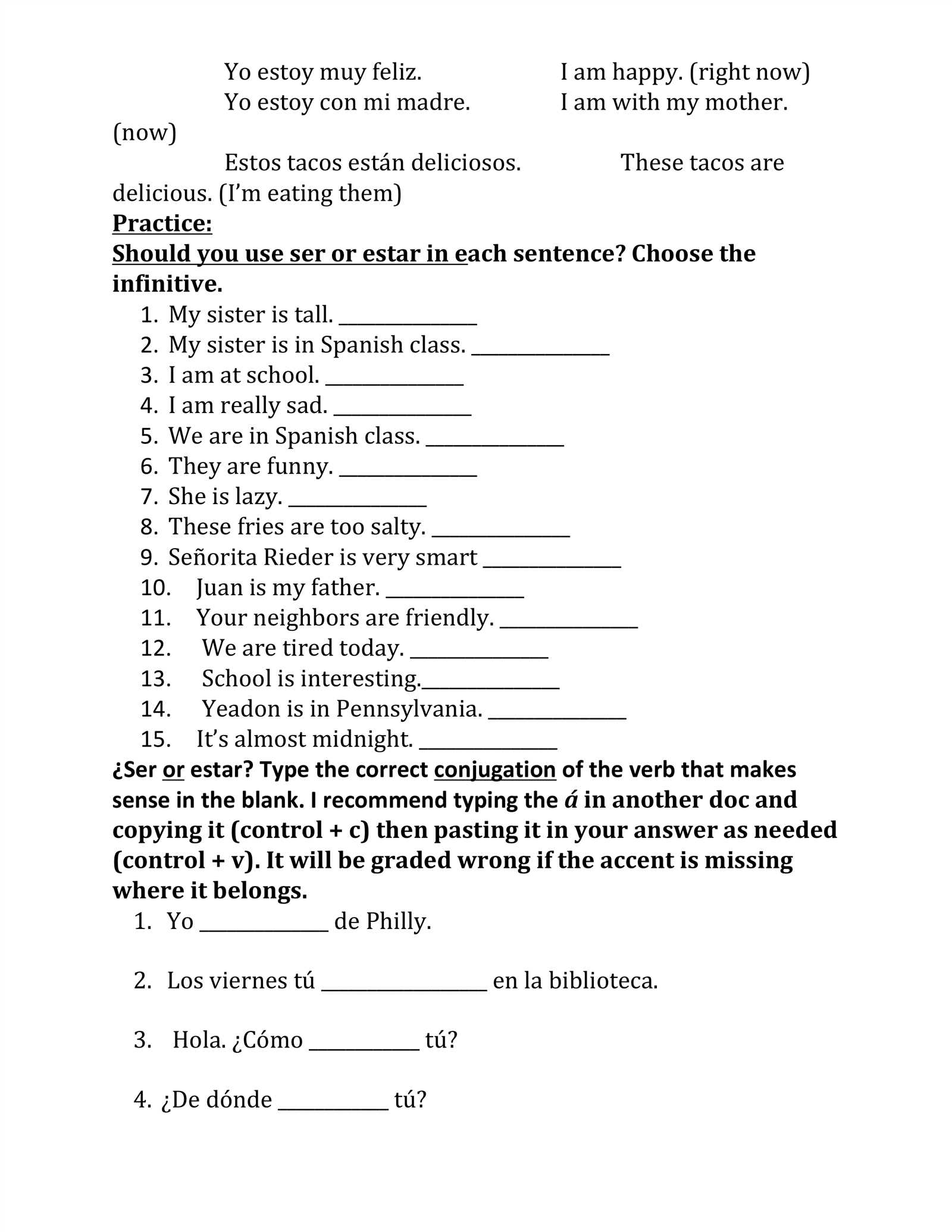 ser vs estar examen 1 answers