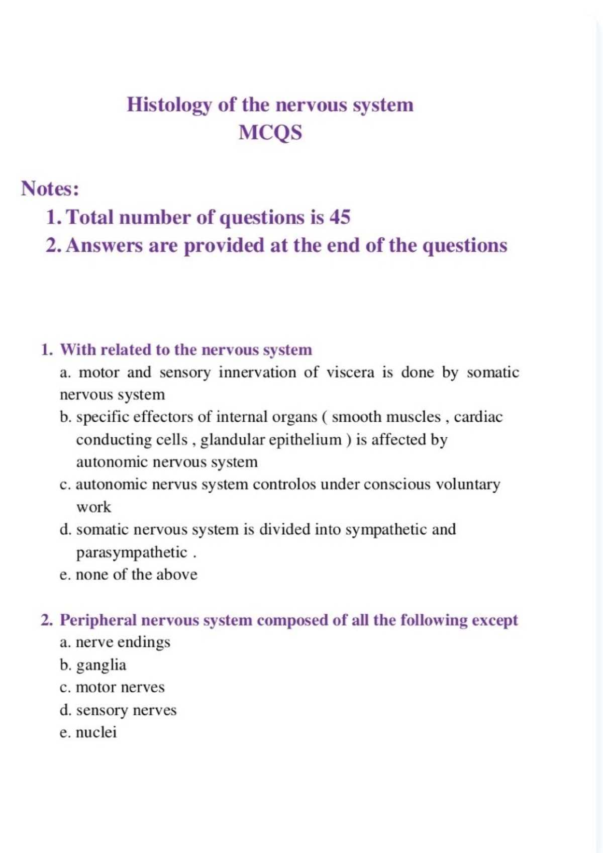 nervous system multiple choice questions and answers