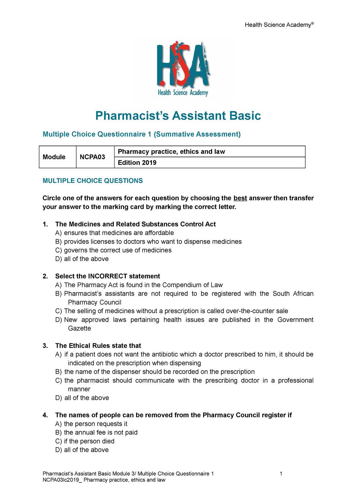 pharmacy assistant exam questions and answers