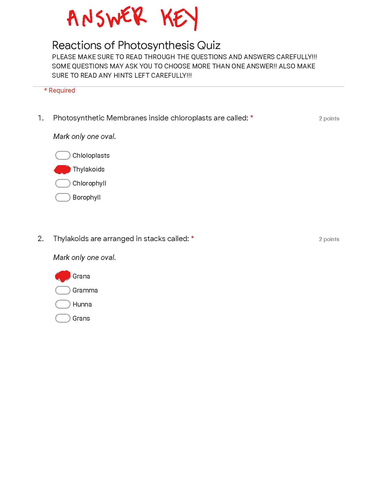 photosynthesis exam questions answers