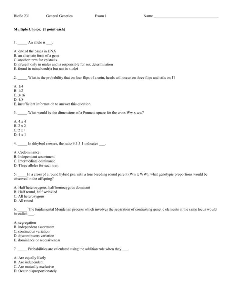 genetics exam 1 answers