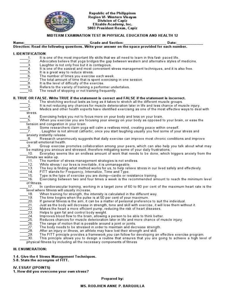 physical education midterm exam answers