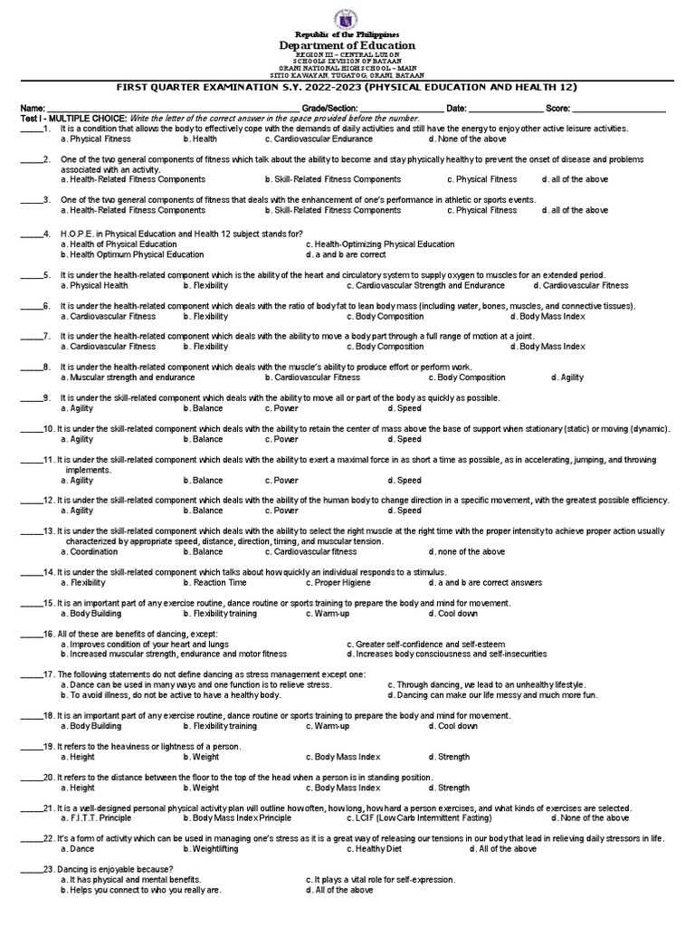 physical education midterm exam answers