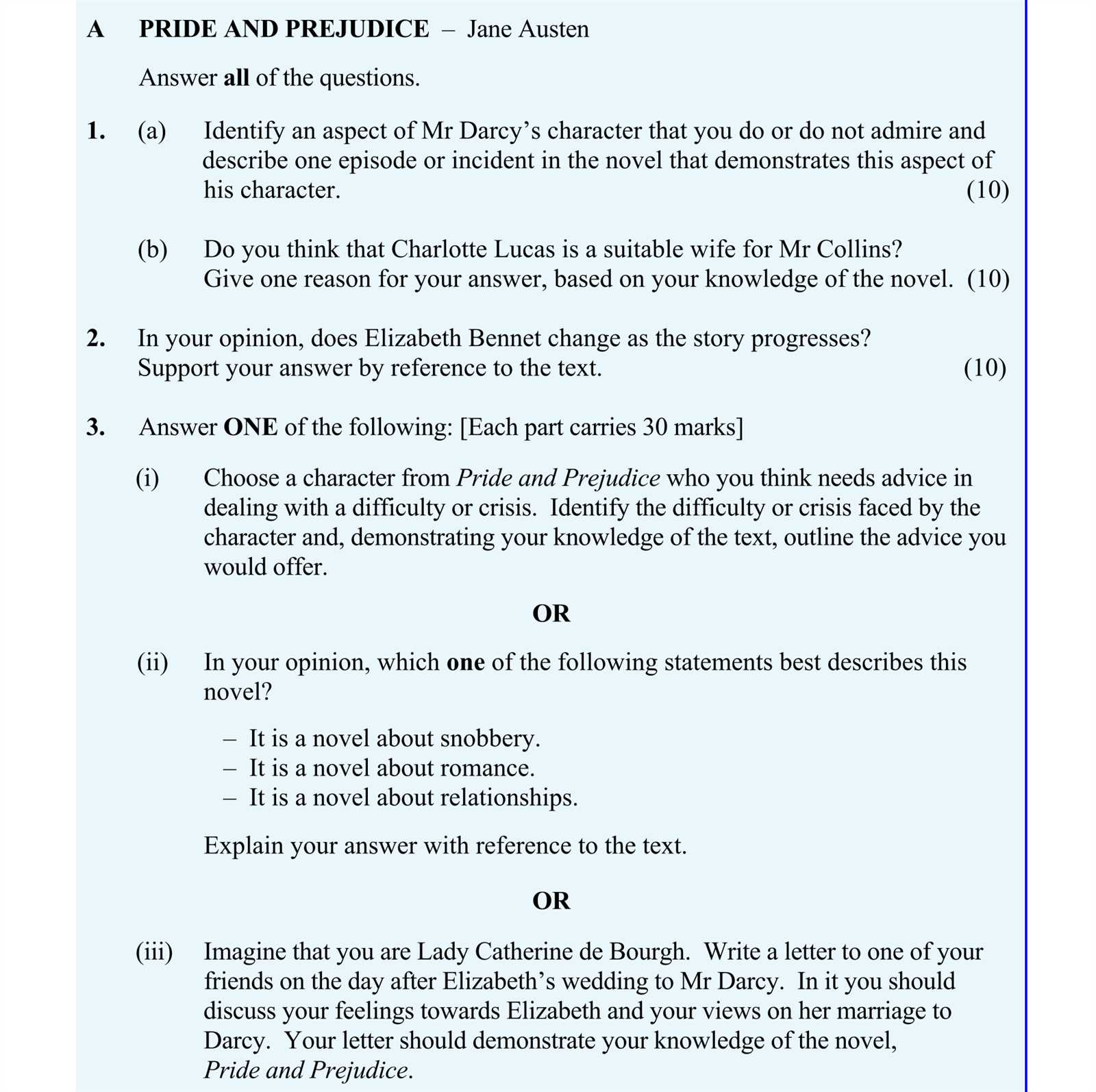 pride and prejudice exam questions and answers