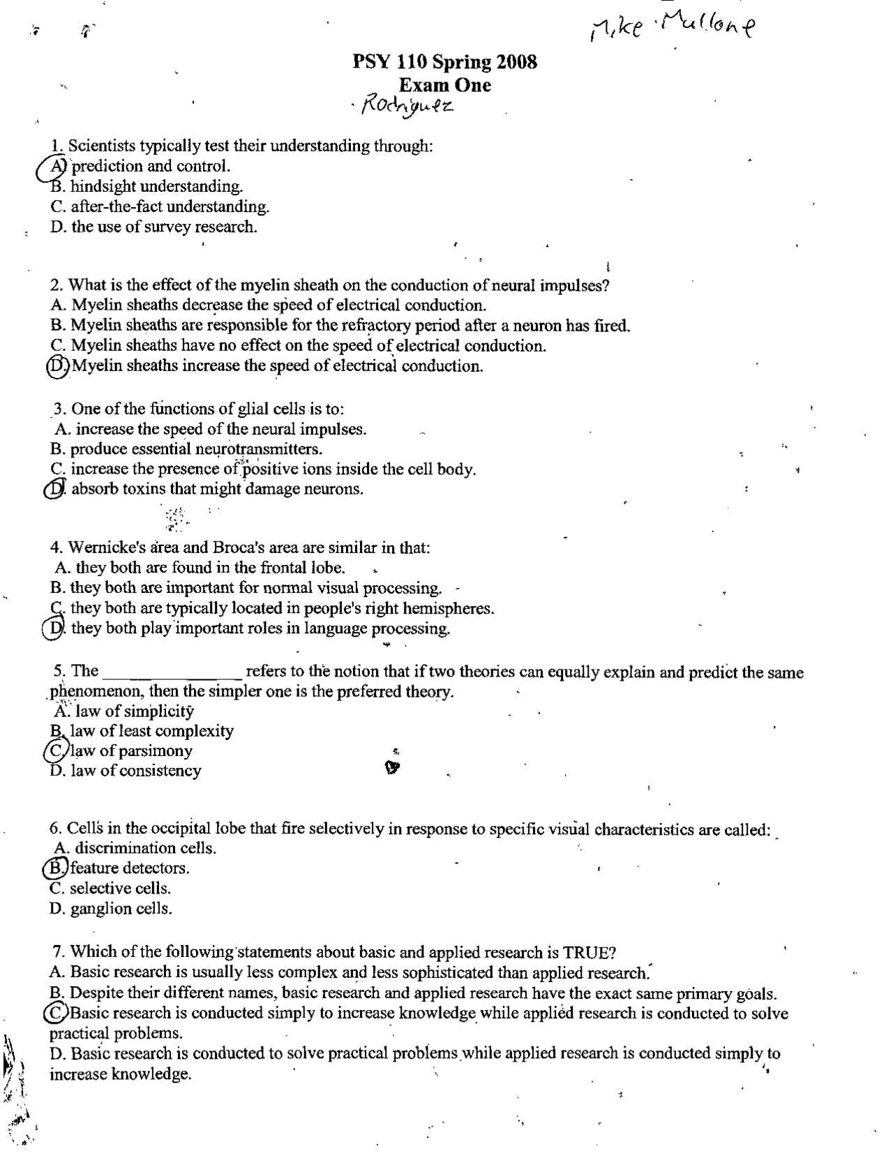 psychology exam 1 answer key