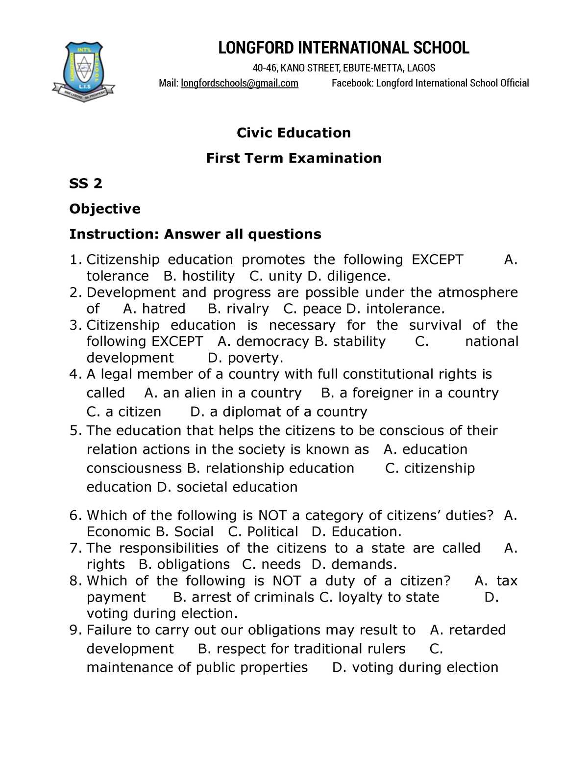 ss2 government exam questions and answers