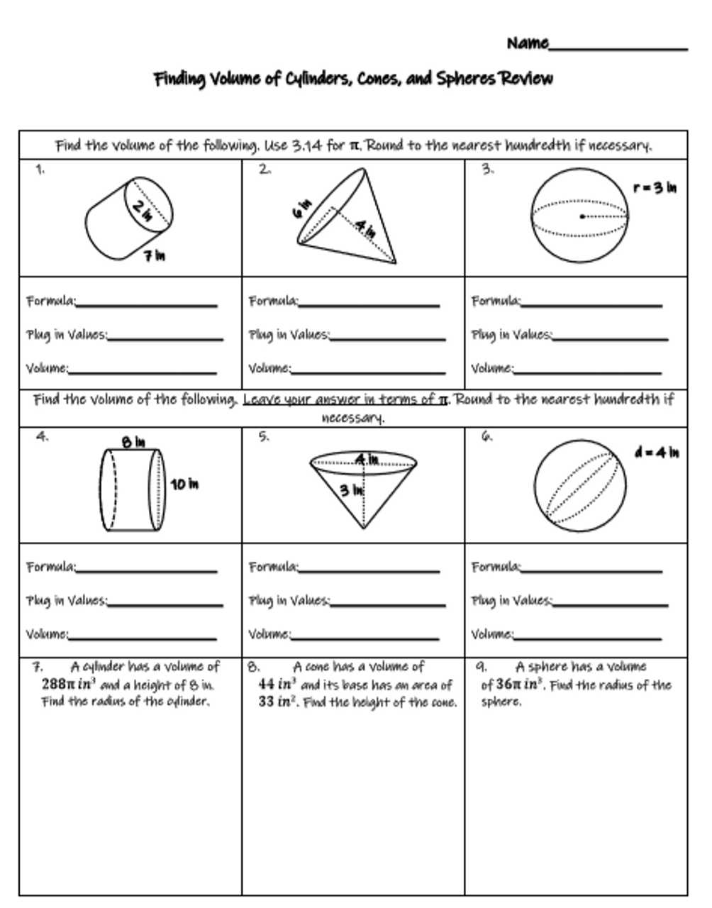 volume review worksheet answers