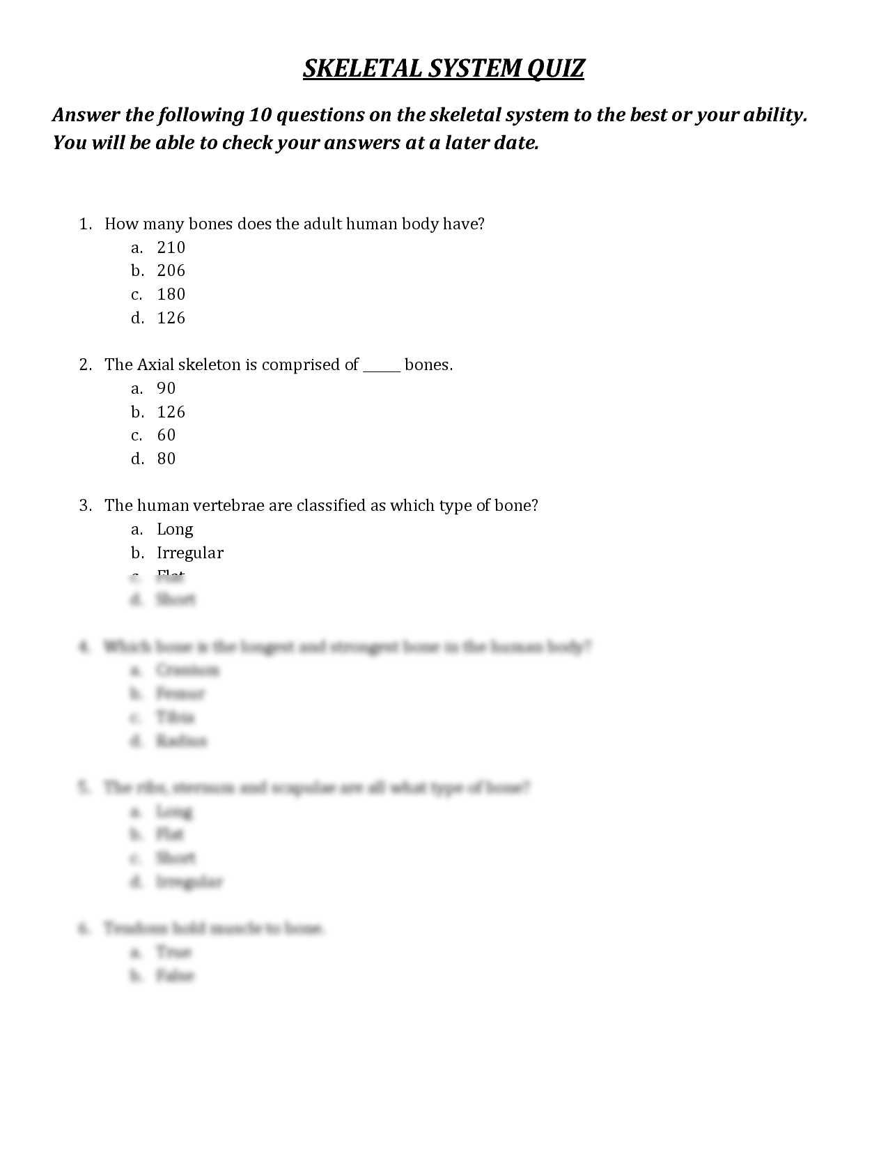 skeletal system exam answers