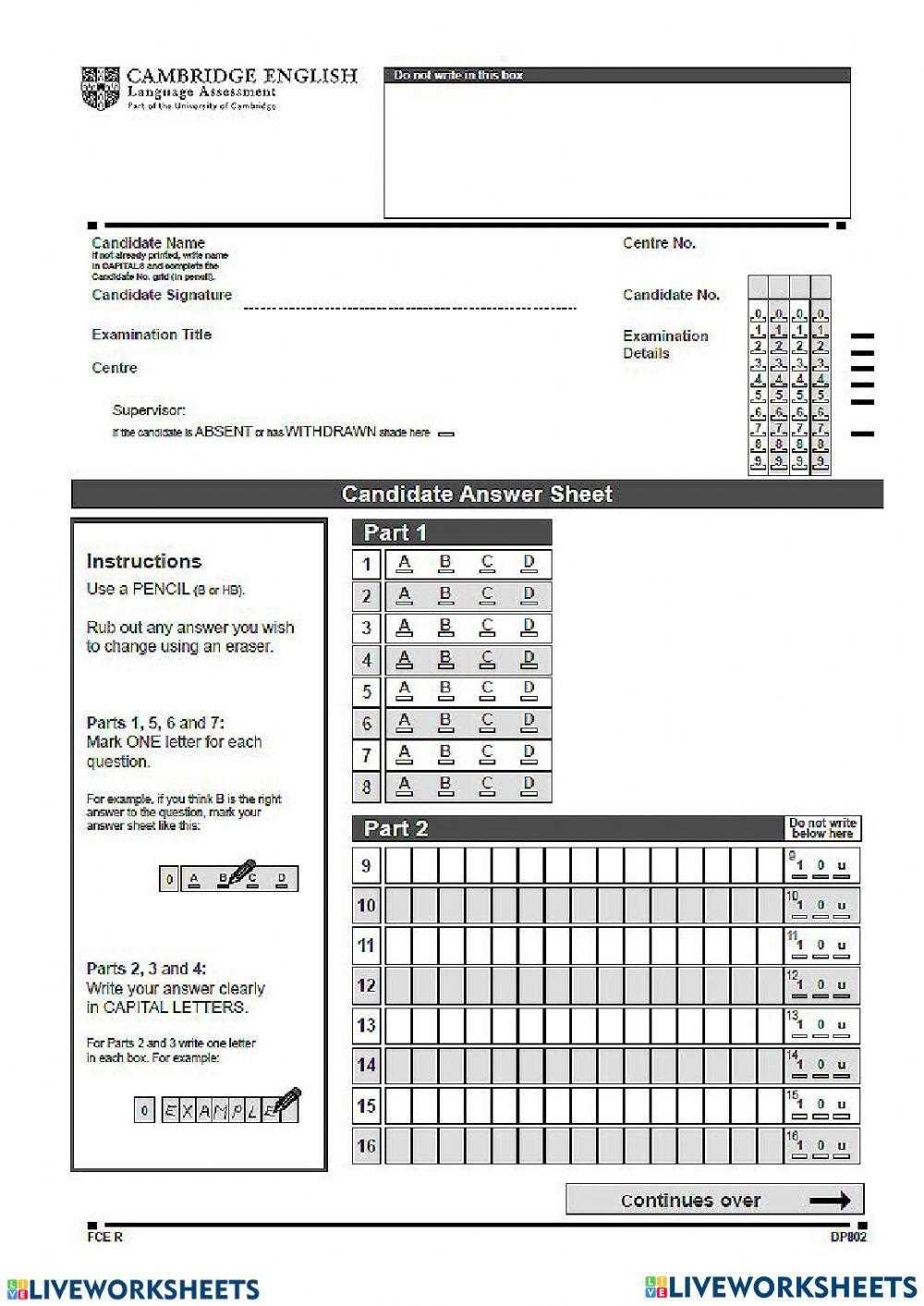 exam answer sheet paper