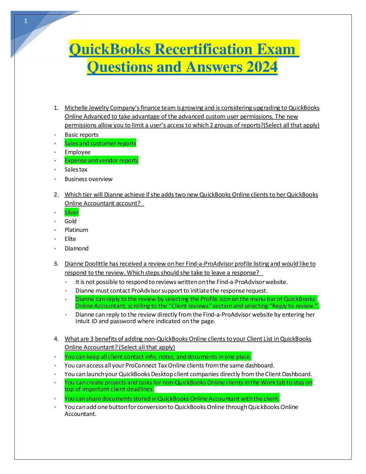 quickbooks online accountant certification exam answers