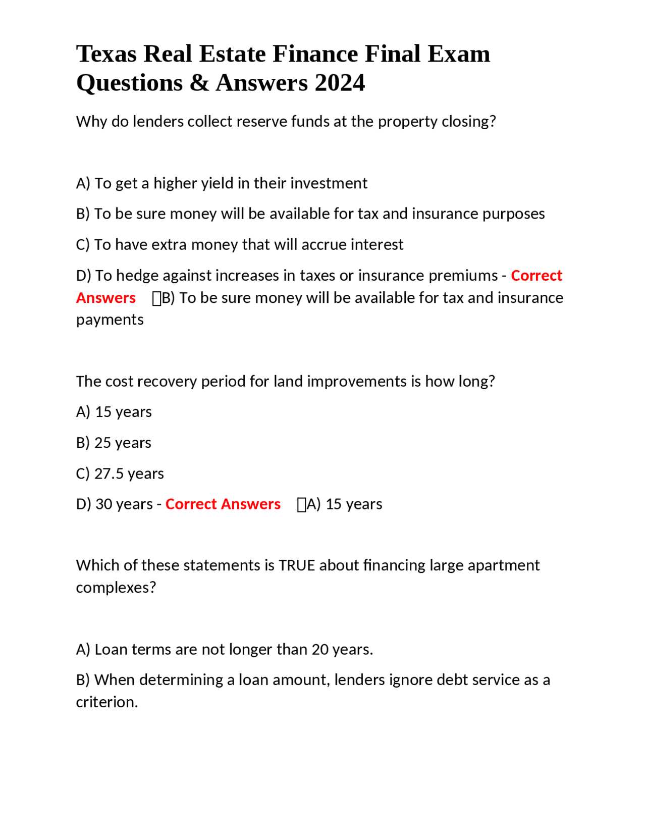 real estate finance final exam answers