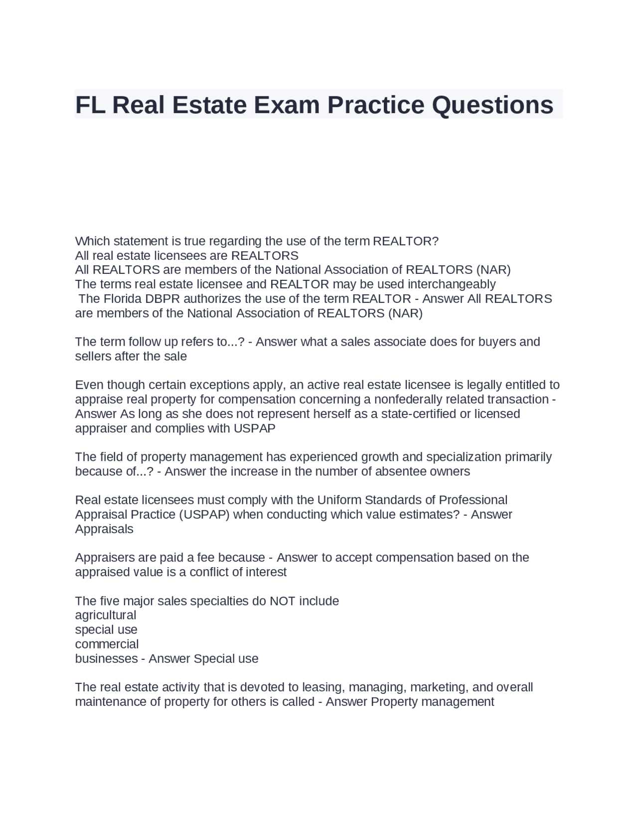 real estate state exam answers