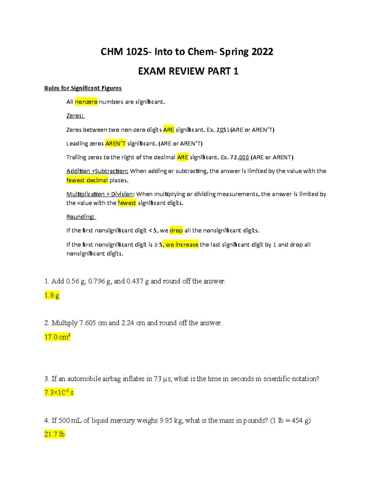 chemistry 1st semester exam review answer key