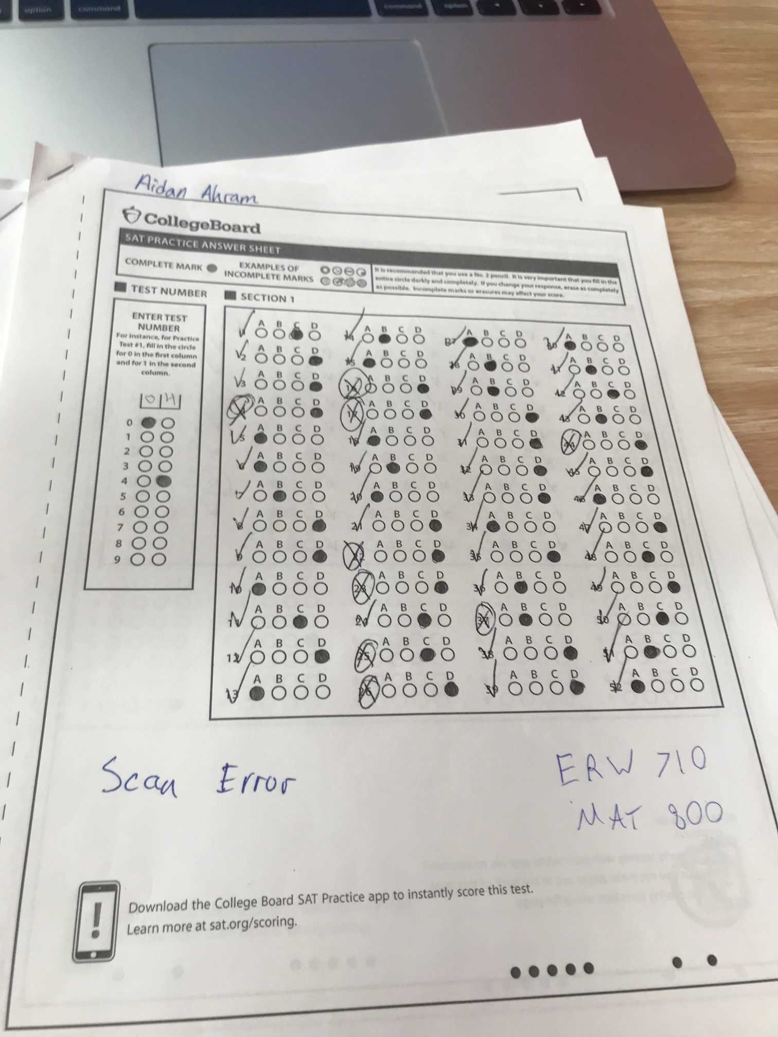 sat practice answer sheet