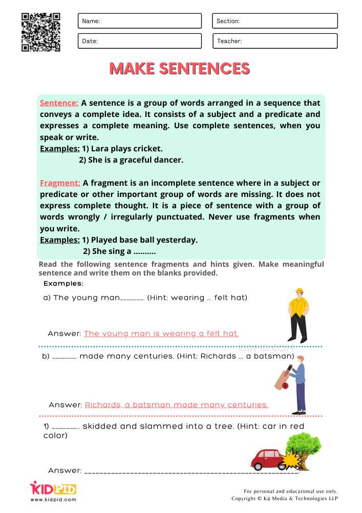 sentence fragments worksheet answers