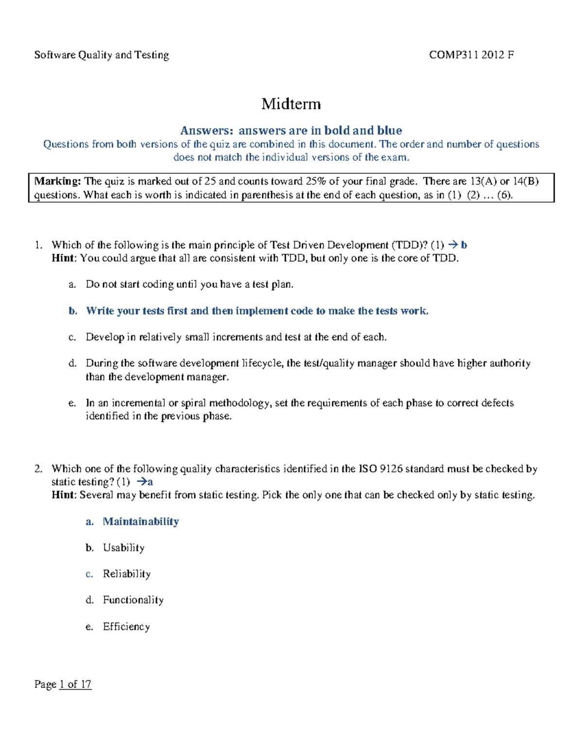 software quality assurance exam questions and answers