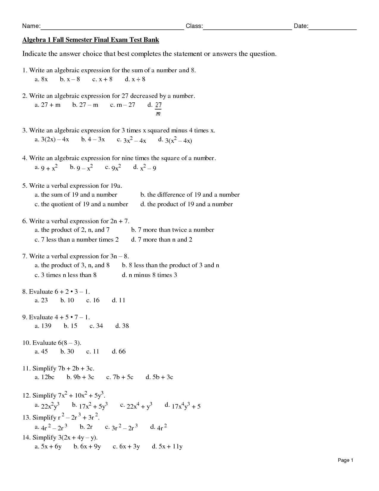 algebra 1 final exam answers