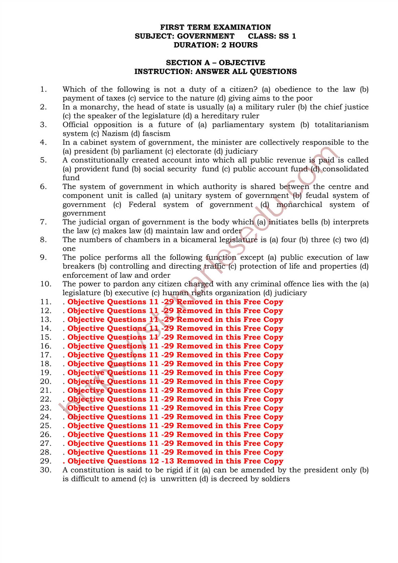 ss2 government exam questions and answers