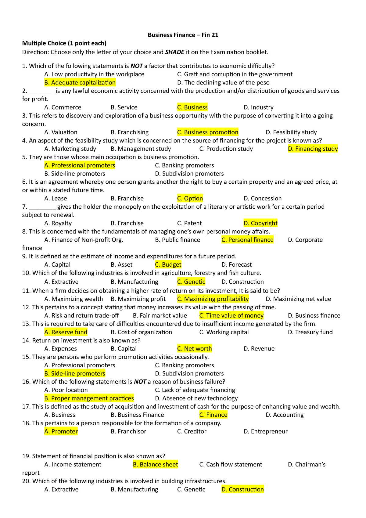 financial management exam 1 questions and answers