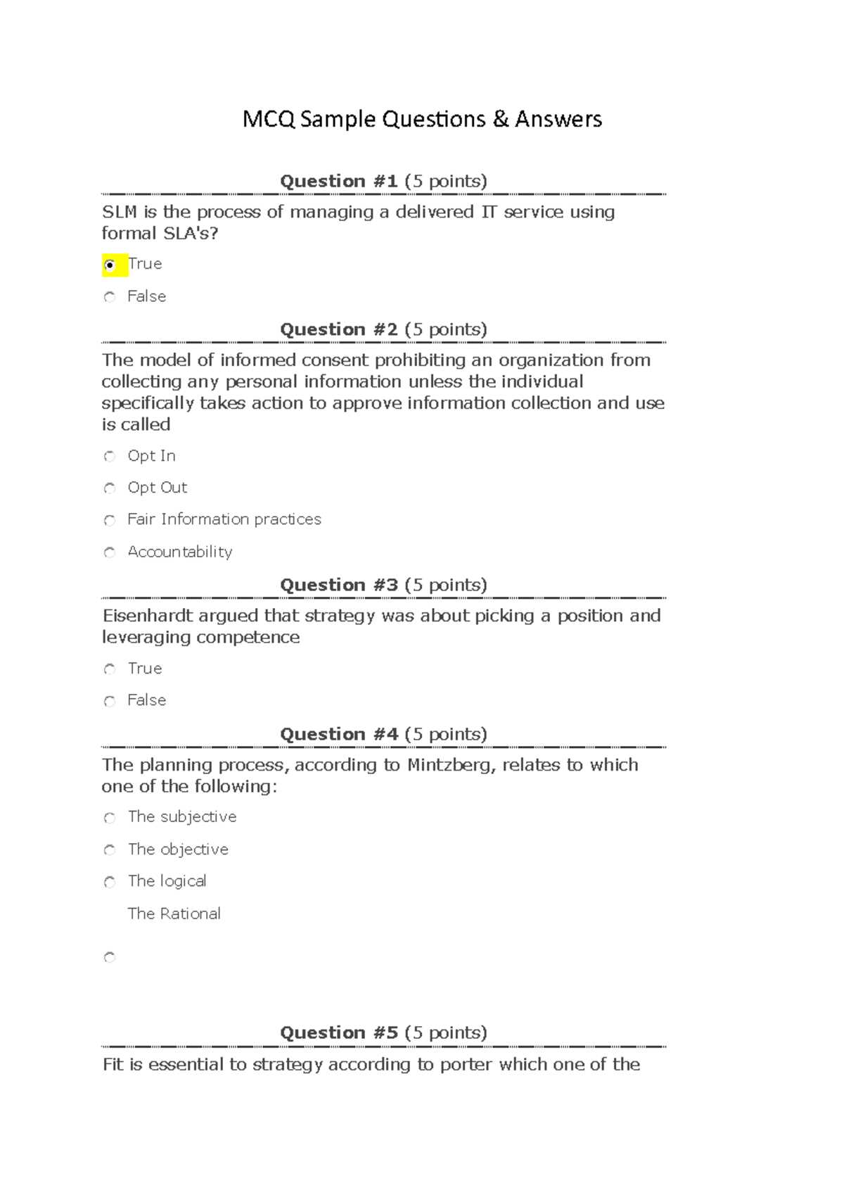 strategic planning exam questions and answers