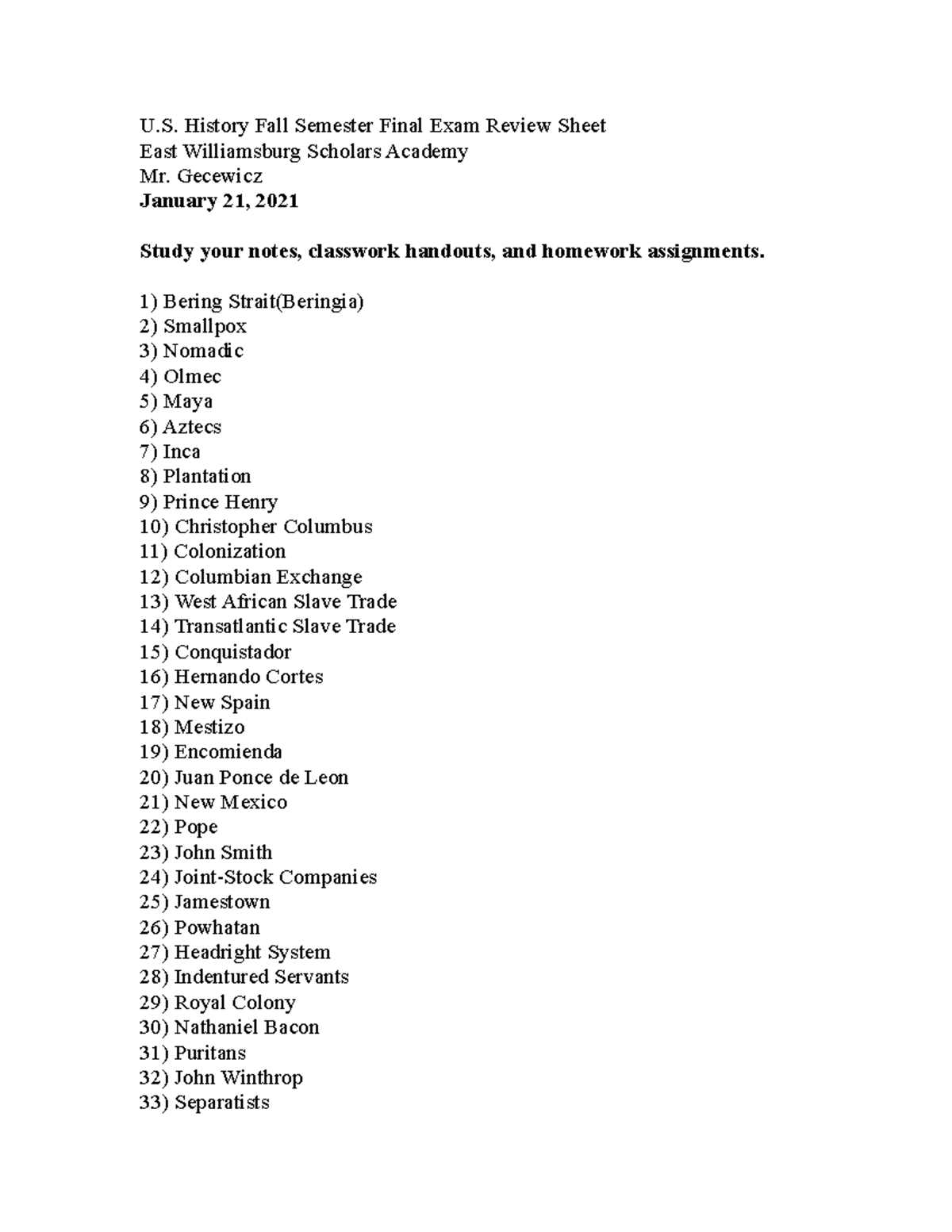 us history final exam semester 1