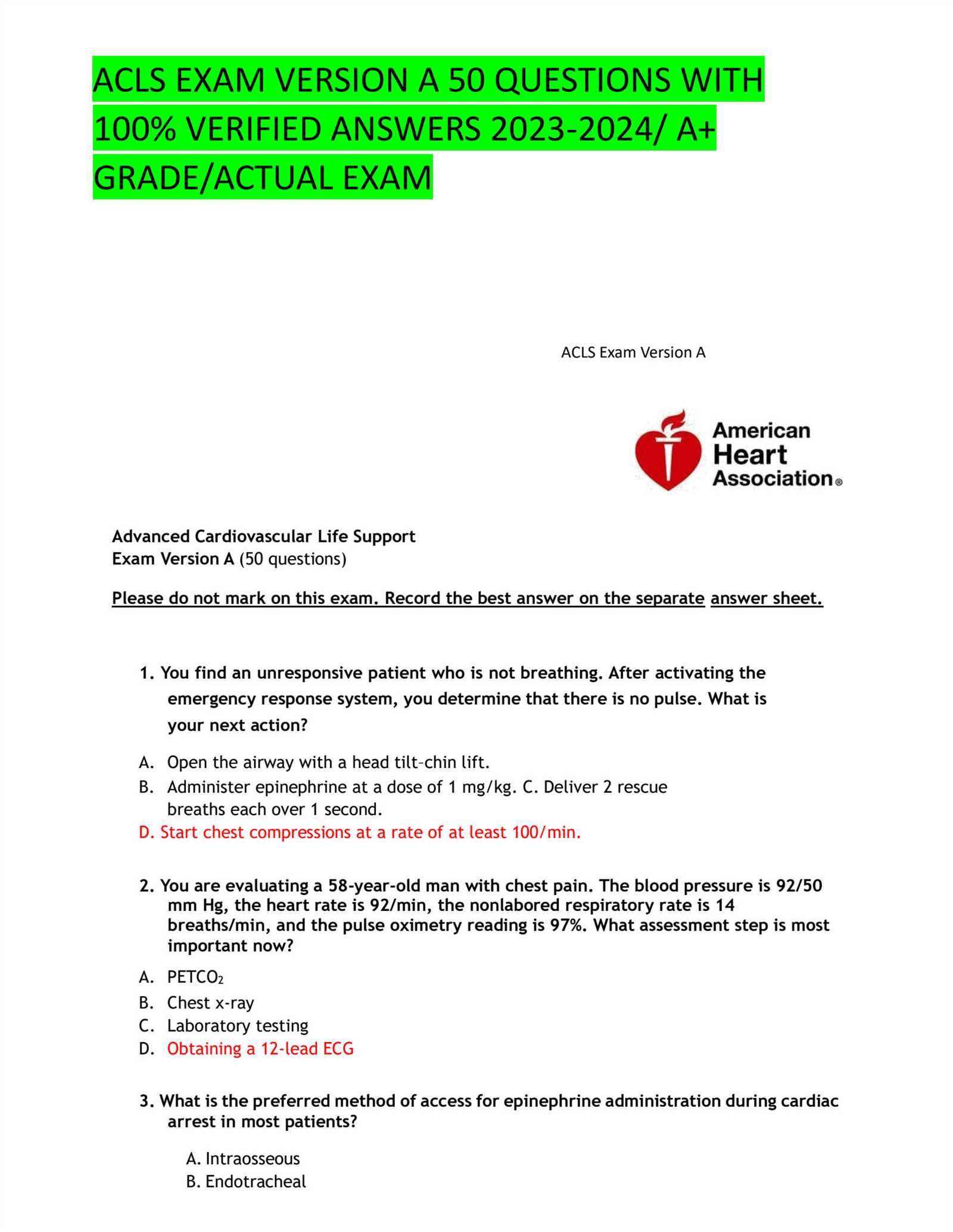 acls exam version a answers 2025