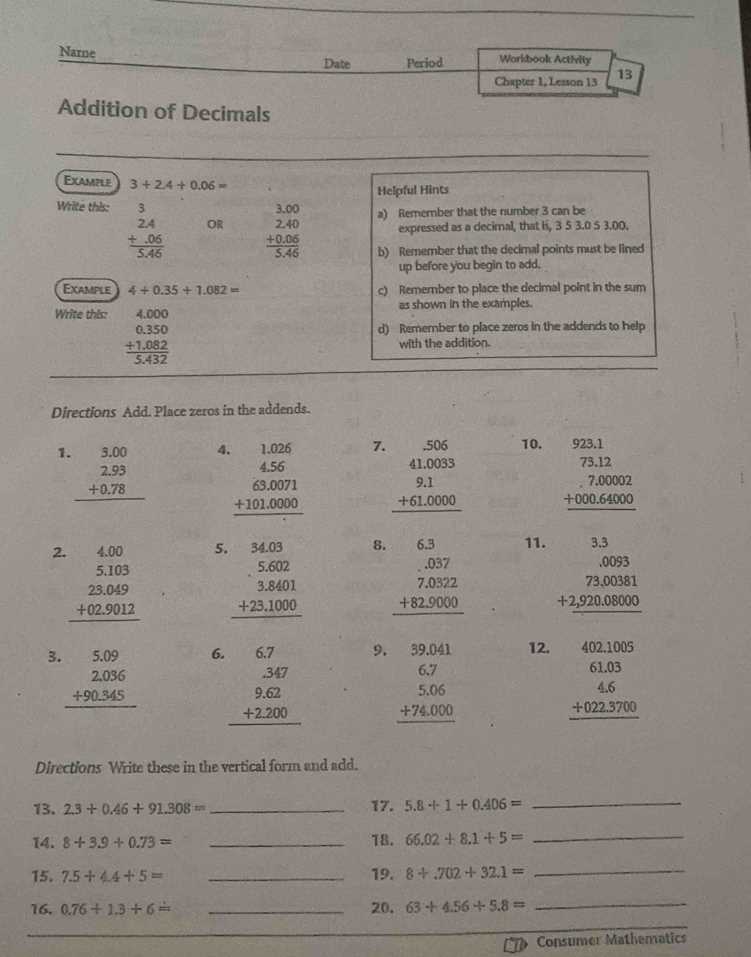 consumer mathematics workbook activity answers