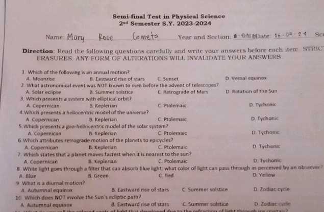 physical science test answers