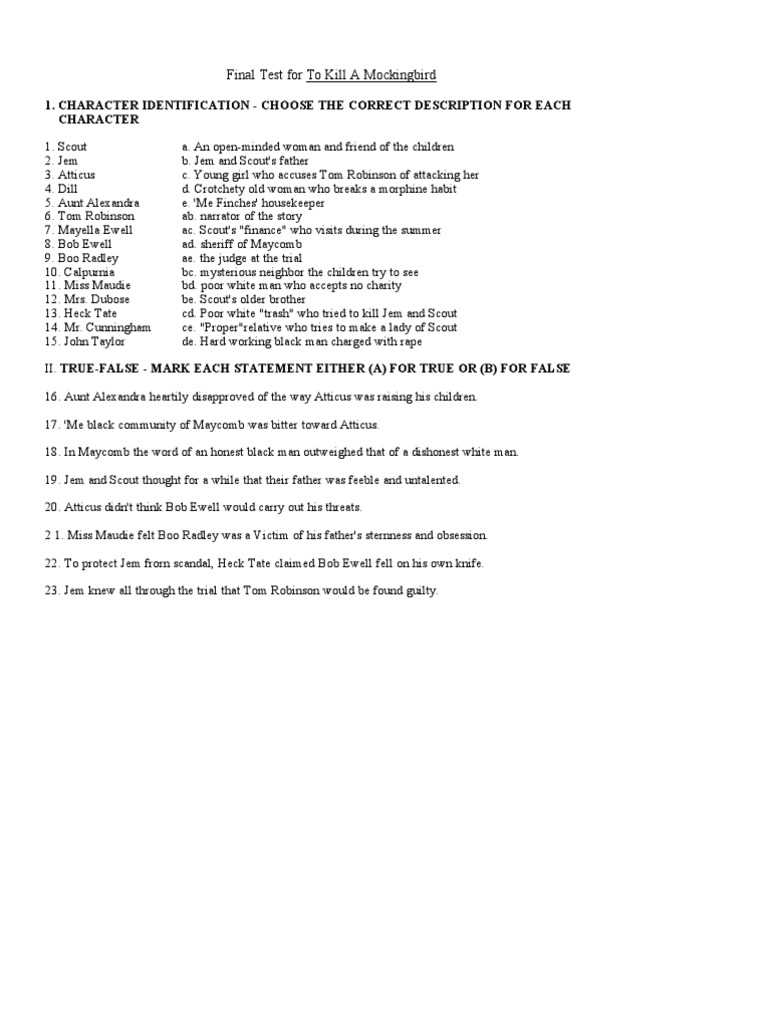 to kill a mockingbird final exam study questions answers