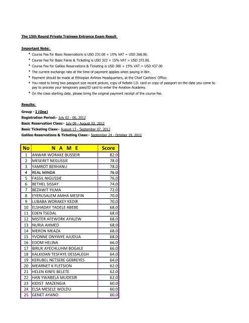 ethiopian airlines exam result