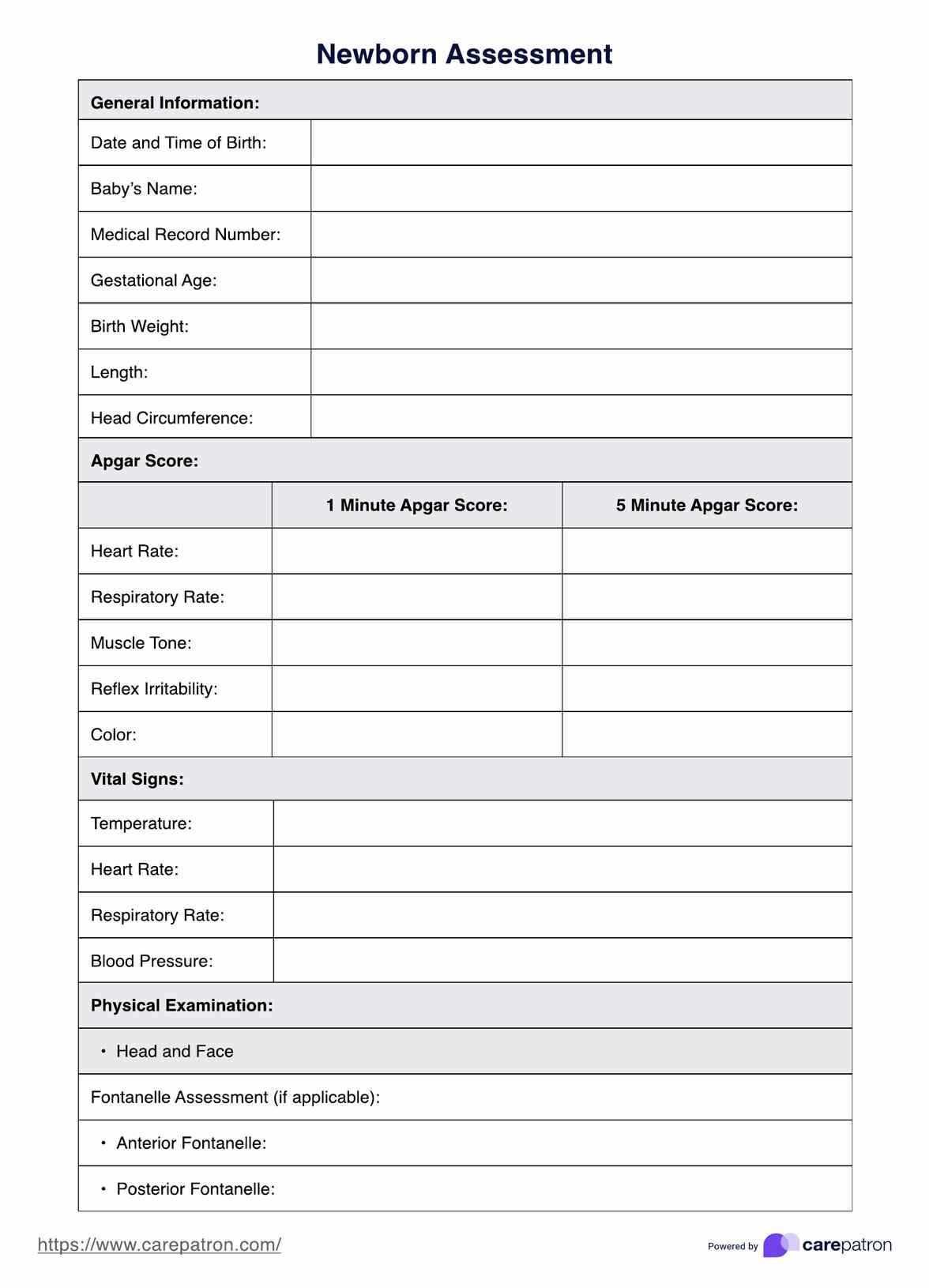 newborn physical exam template