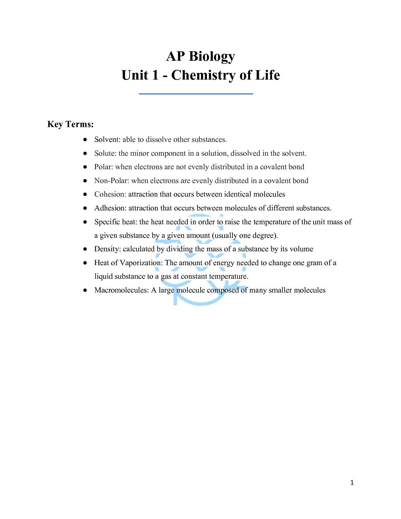 unit 1 chemistry of life ap biology exam answers