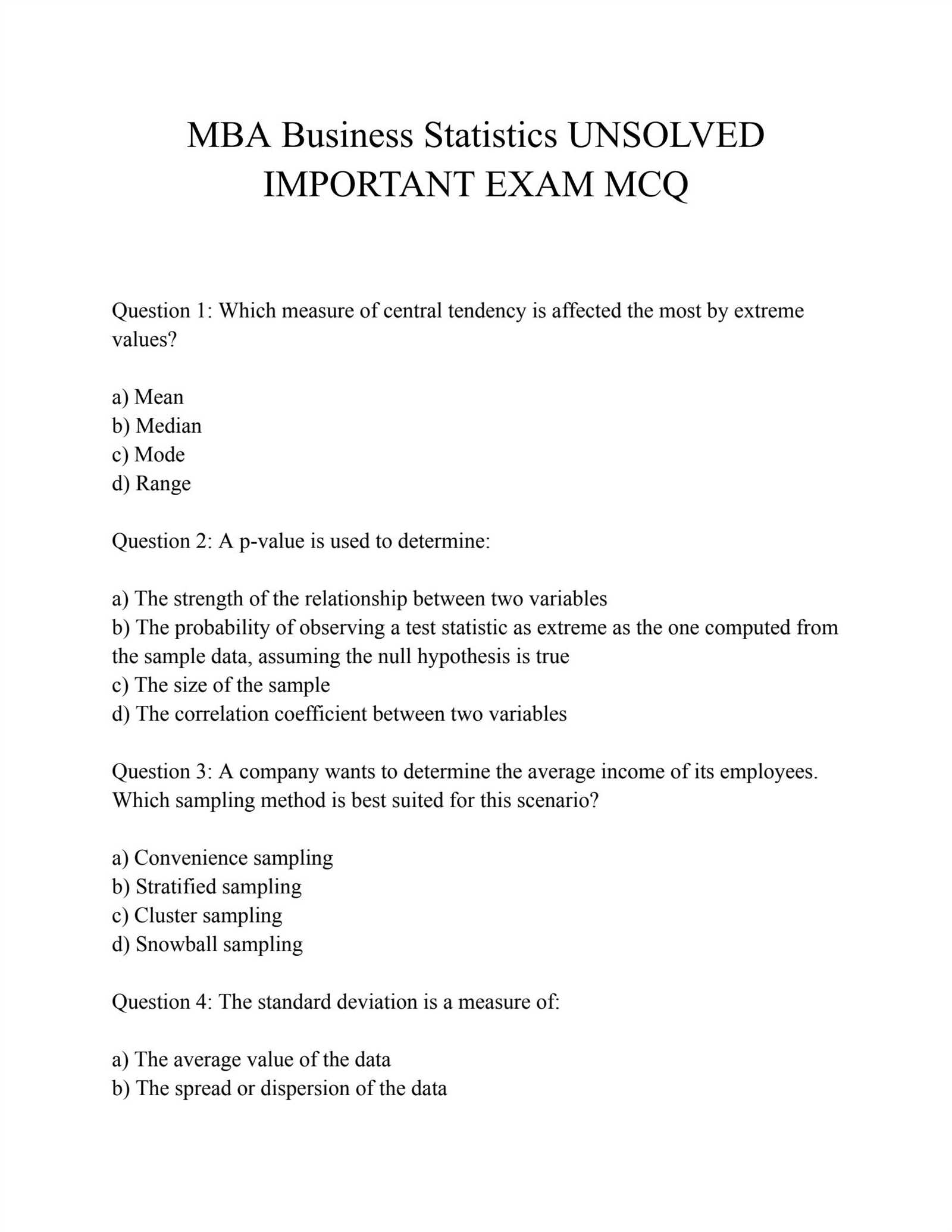 advanced business statistics exam questions and answers