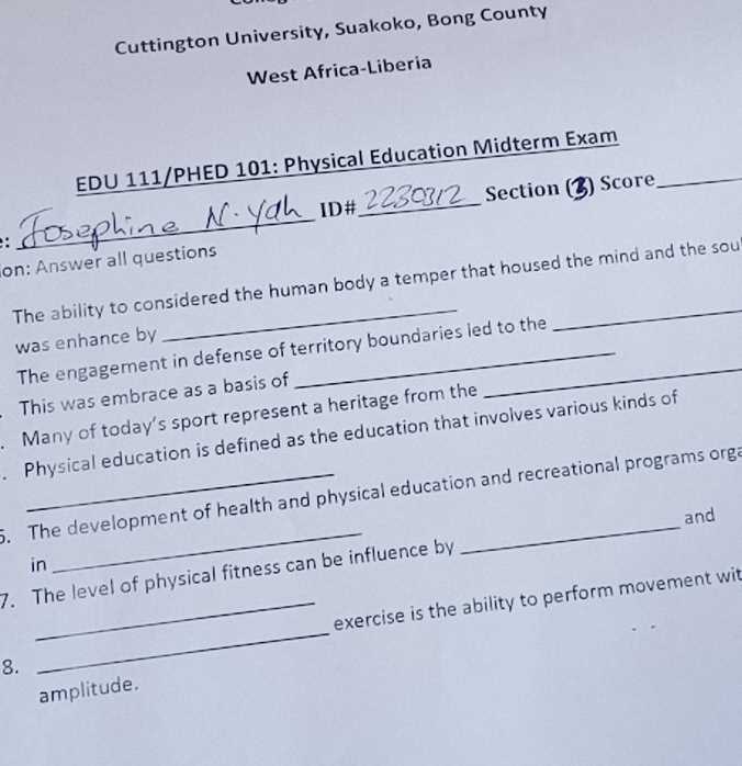 physical education midterm exam answers