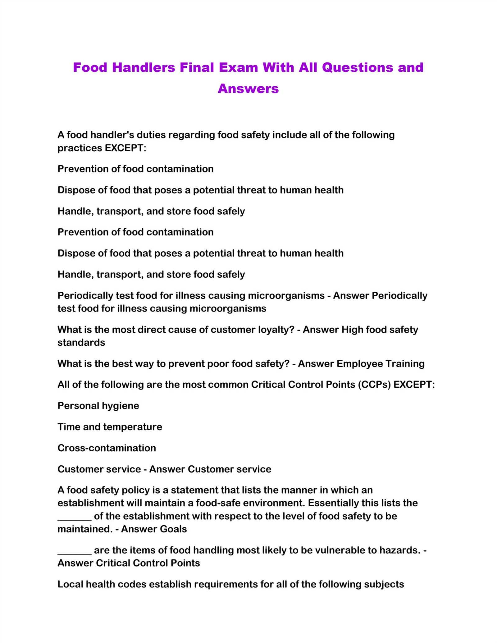 food handler final exam answers