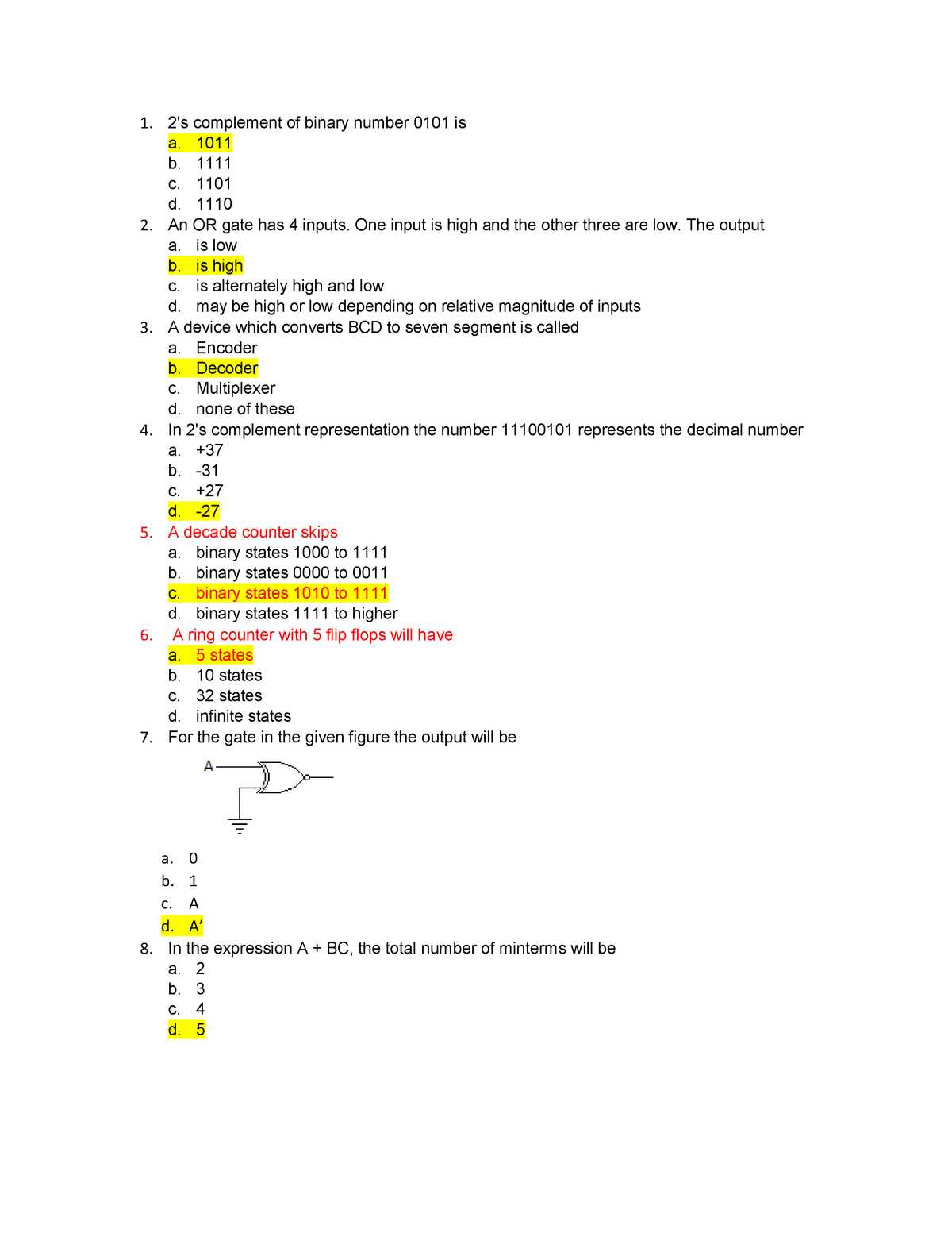 digital logic design exam questions and answers