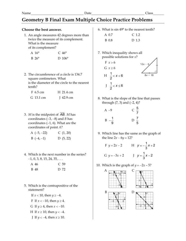 geometry final exam review answers