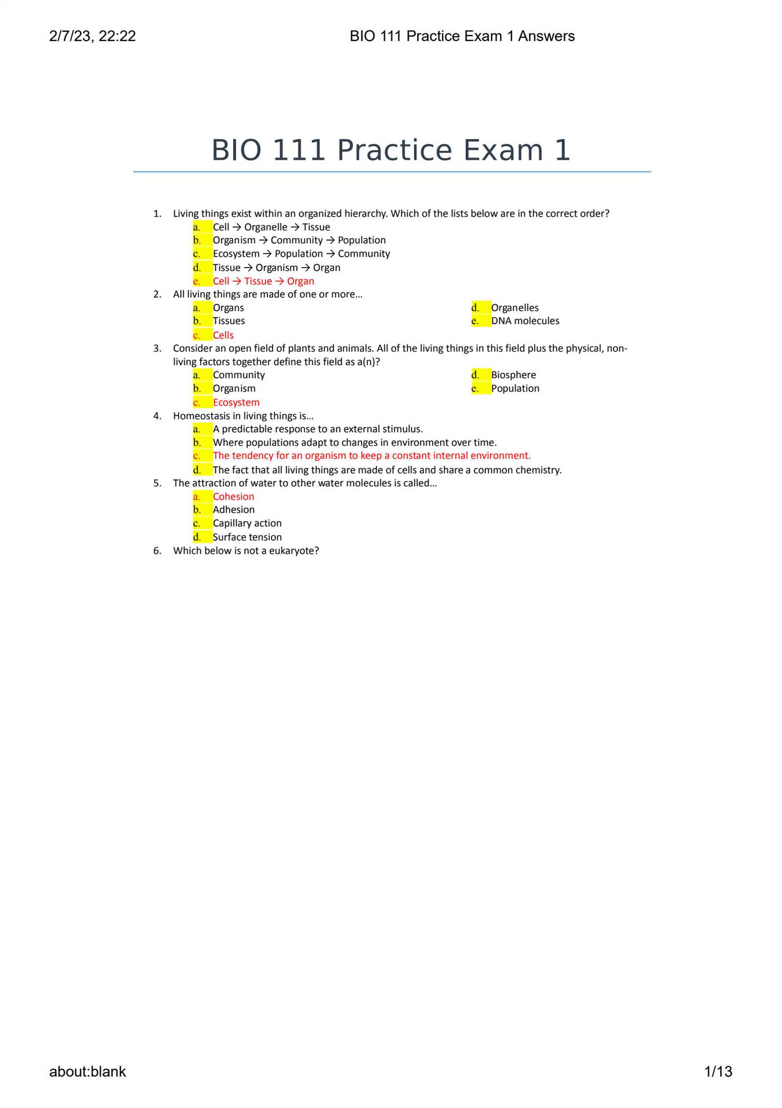 biology 1 final exam answers