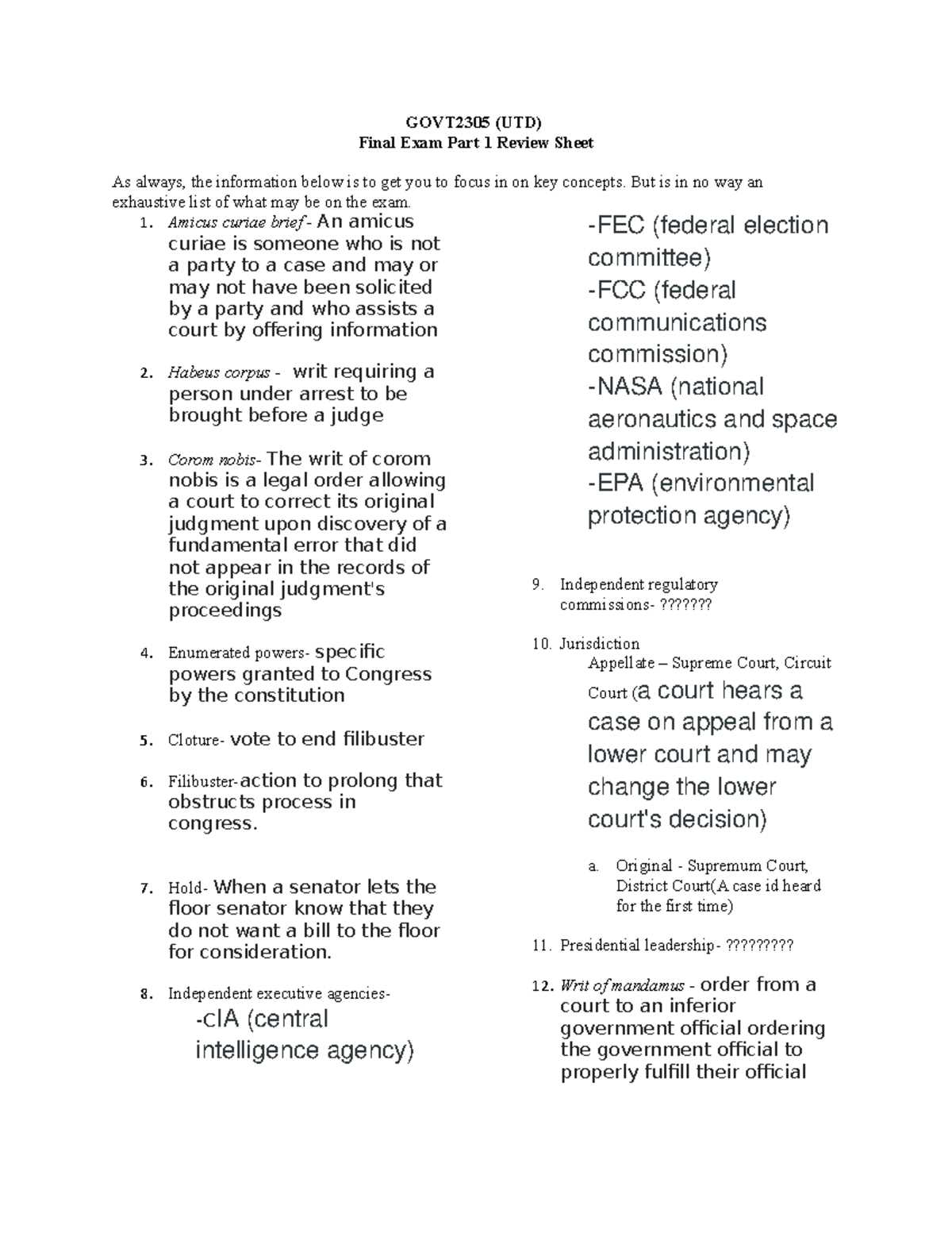 government final exam review answer key