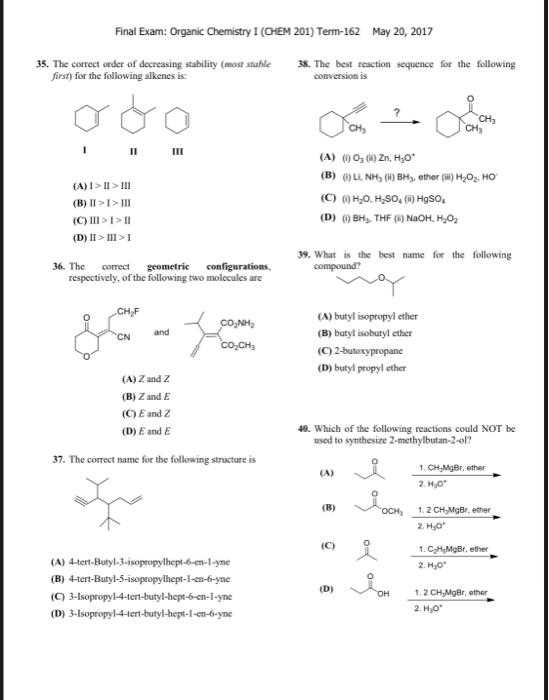 organic chemistry 1 final exam