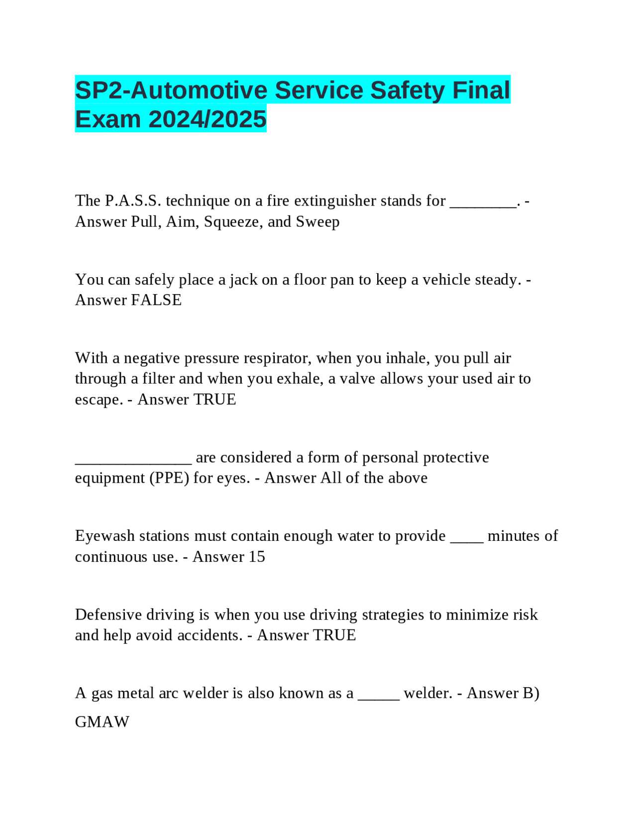 automotive service safety final exam answers sp2