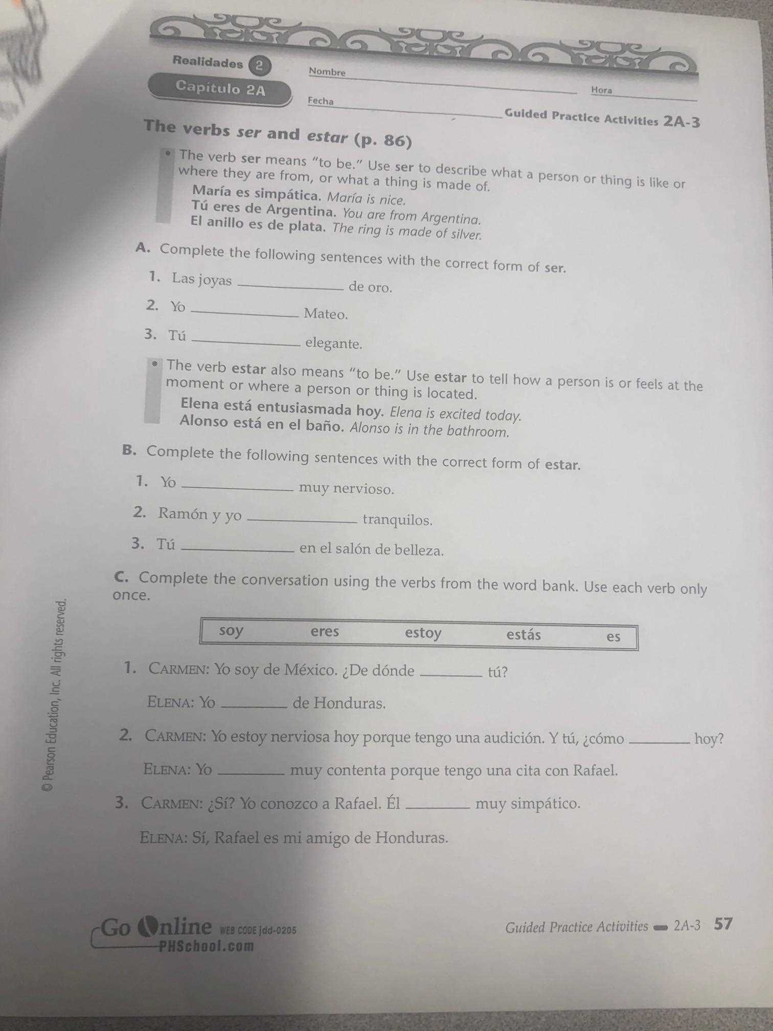 realidades practice workbook 1 answer key