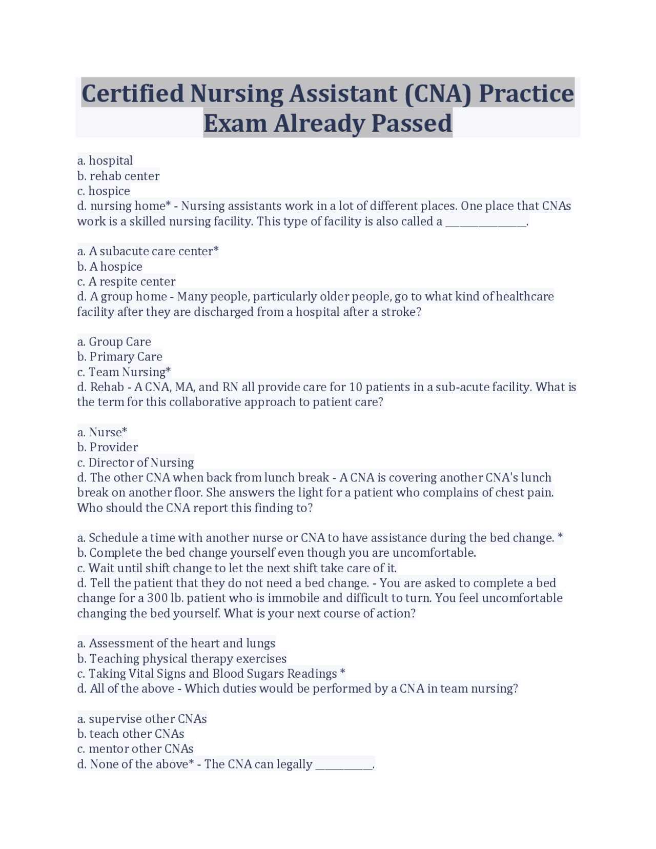 nursing assistant nurse aide practice exam 2 answers