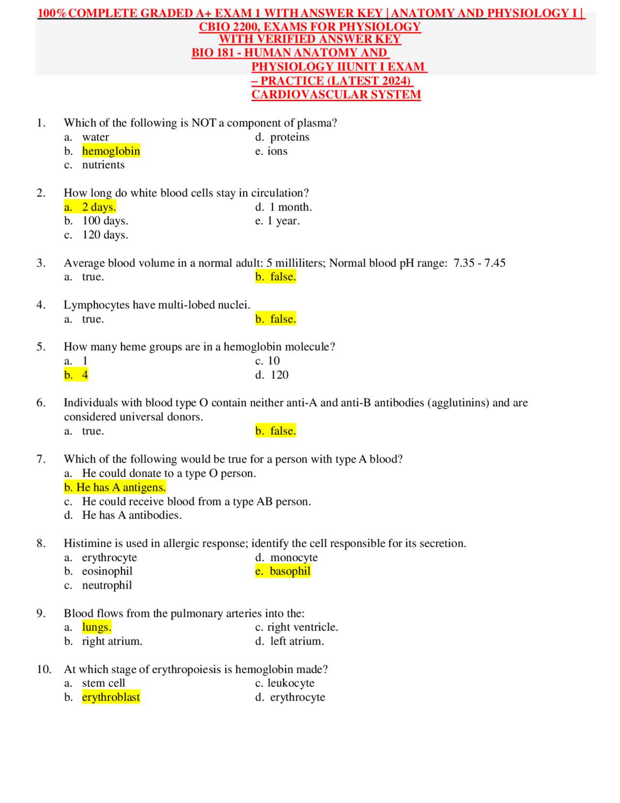 anatomy and physiology 1 final exam answer key