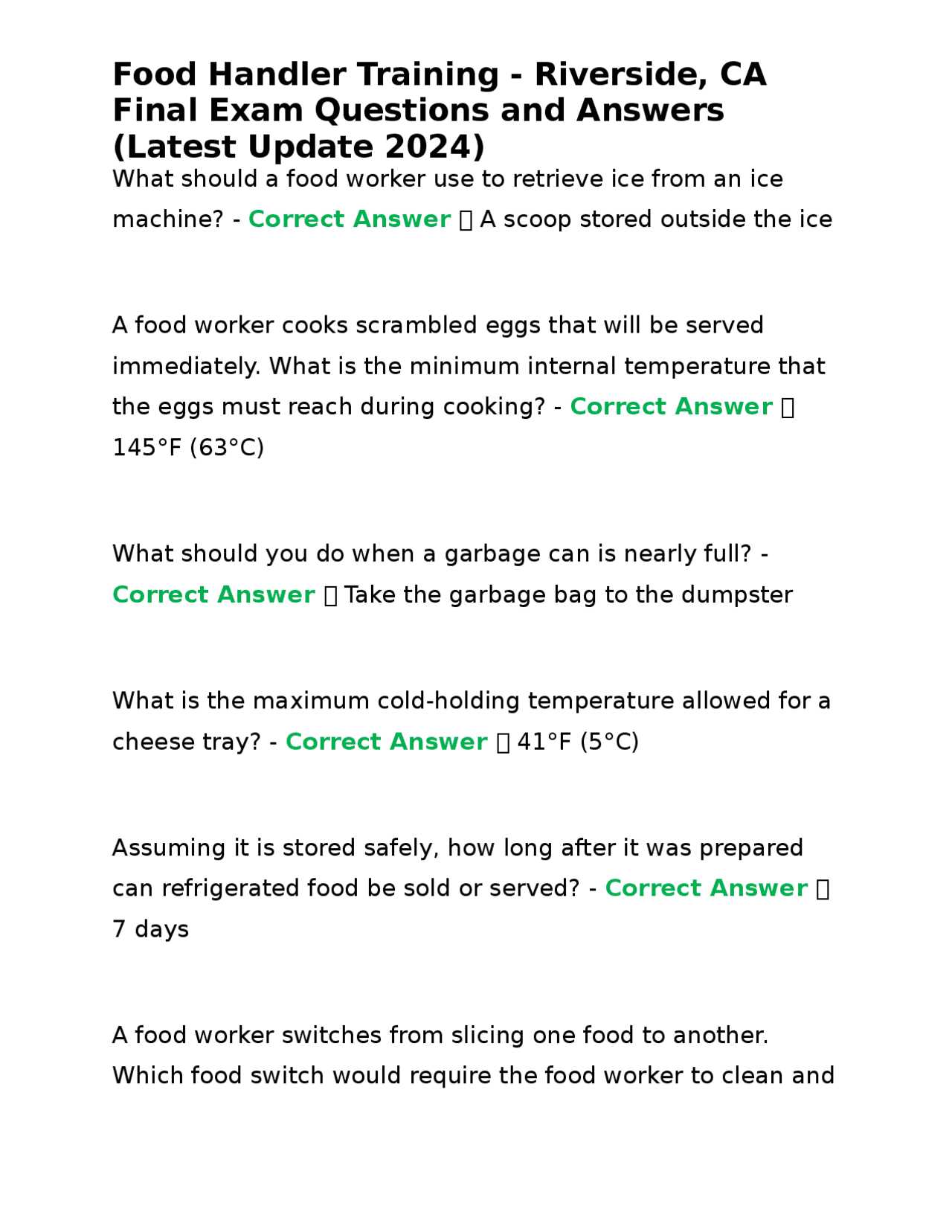 food handler certification exam answers
