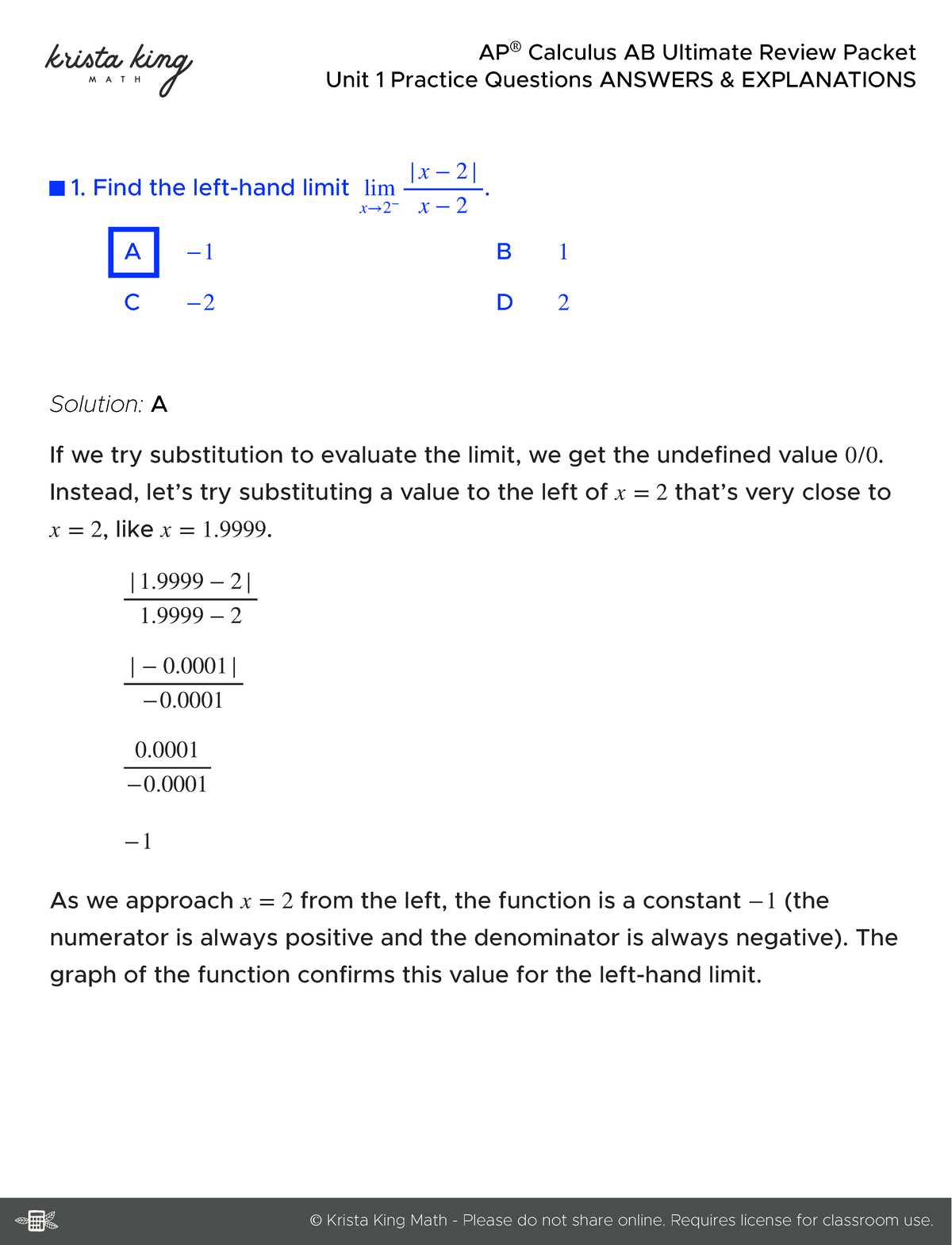 ap calculus ab practice exam 1 answers