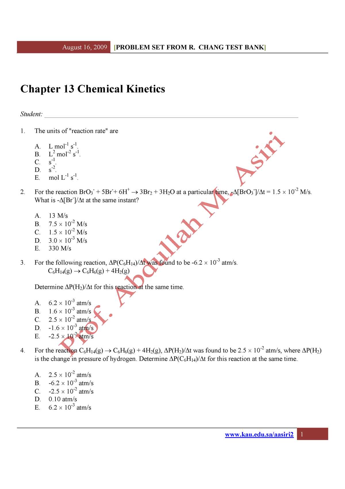 chemical kinetics exam questions with answers