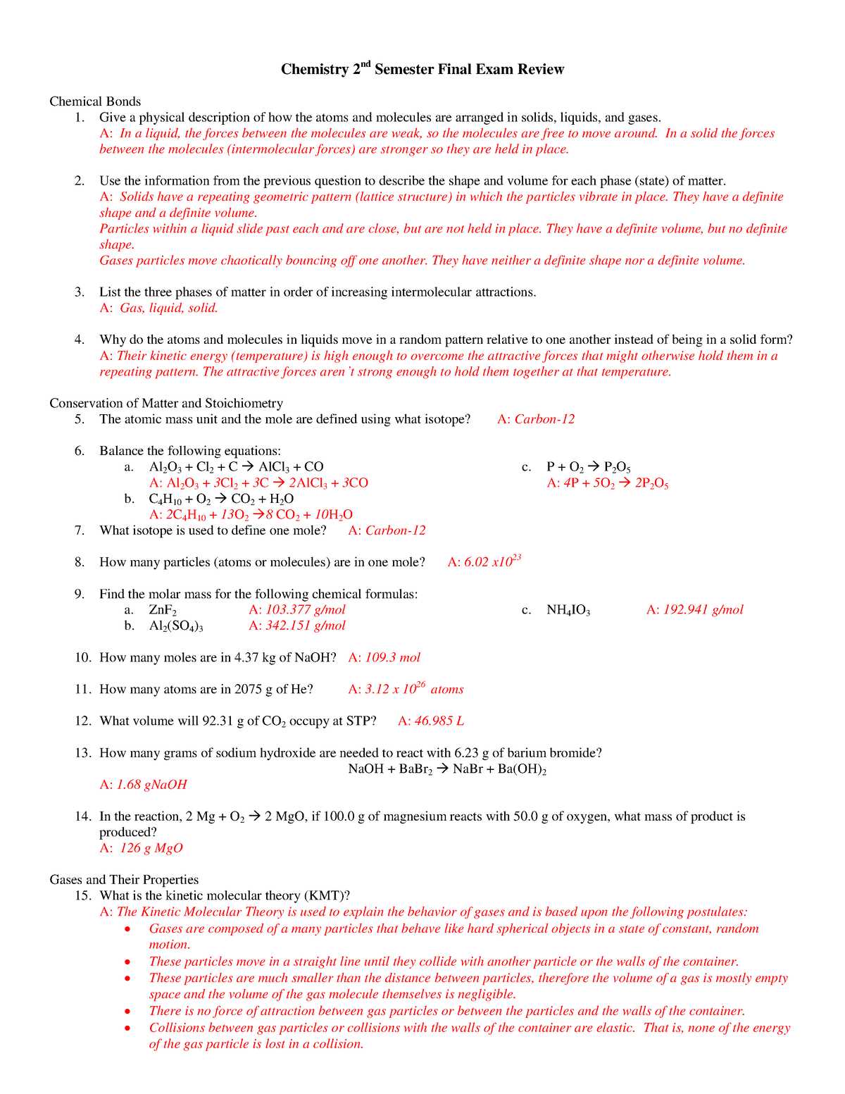 chemistry 1st semester exam review answers